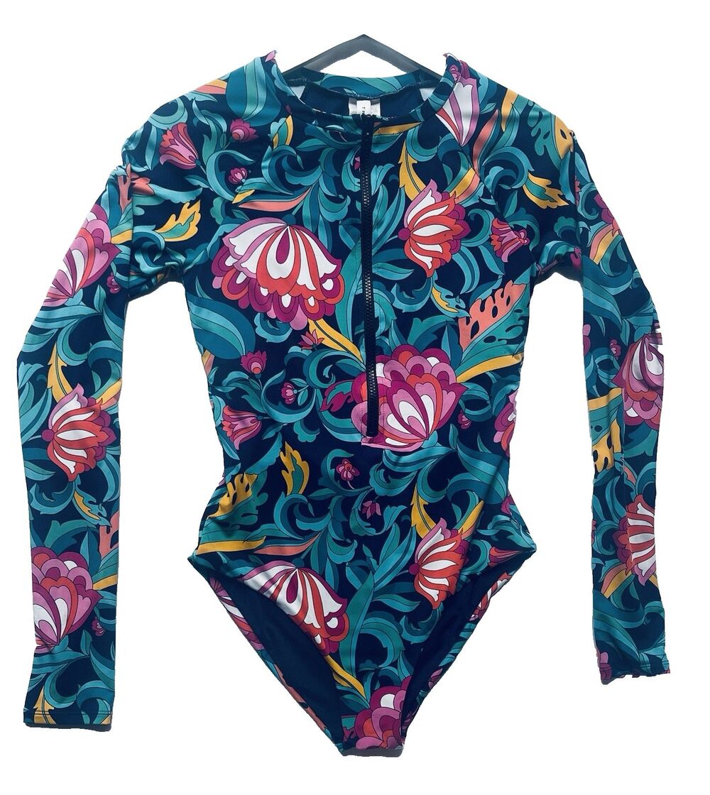 Trina Turk India Garden One Piece Paddle Rashguard Swimsuit Small S/P Open Back